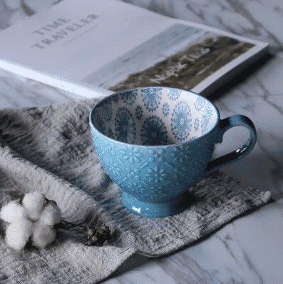Daphnes Diary hand-painted Large ceramic coffee cup (light blue with dark blue pattern)