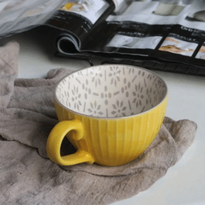 Daphnes Diary hand-painted Large ceramic coffee cup ( yellow with grey flower pattern )