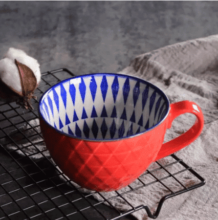 Daphnes Diary hand-painted Large ceramic coffee cup ( red with blue pattern )