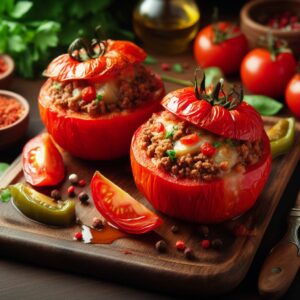 Gevulde tomaten met gehakt en kruiden, geserveerd op een houten bord met verse ingrediënten, vergezeld van olijfolie en specerijen.